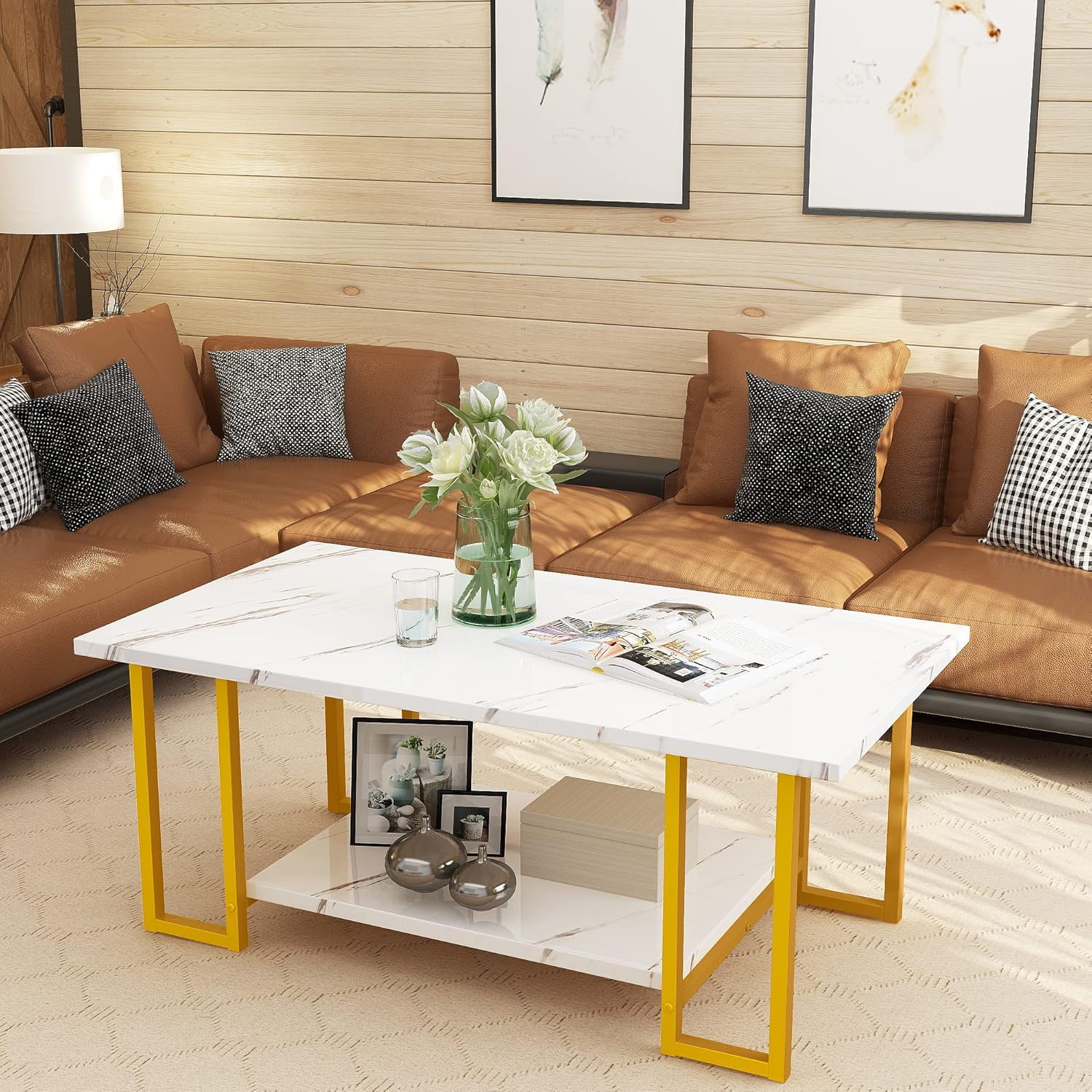 Cvortll Faux Marble Coffee Table with Metal Frame
