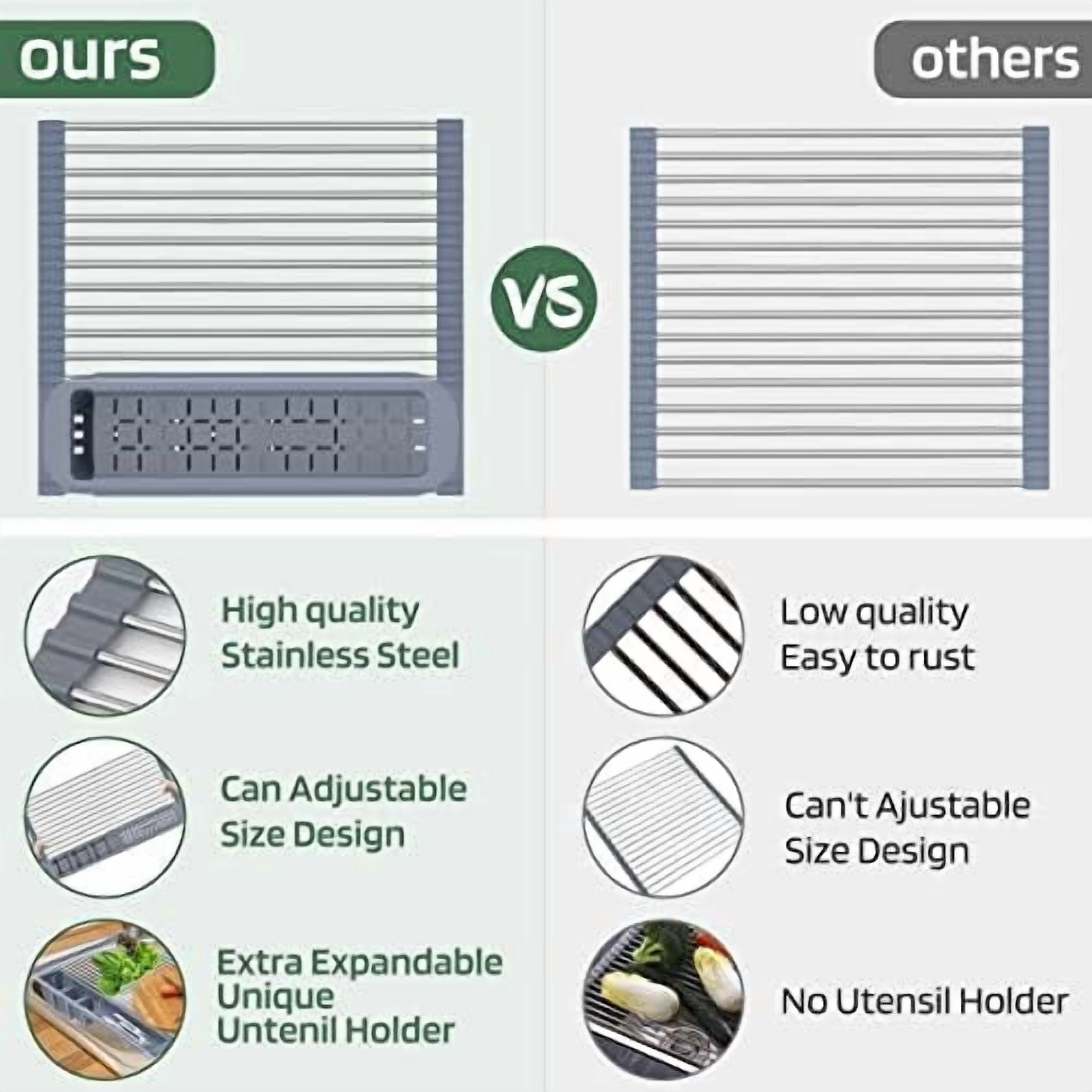 Expandable Roll Up Dish Drying Rack,Over The Sink Drying Rack Sink Kitchen Accessories Rolling up Stainless Steel Drainer, Foldable with Removable Utensil Holder(Gray)