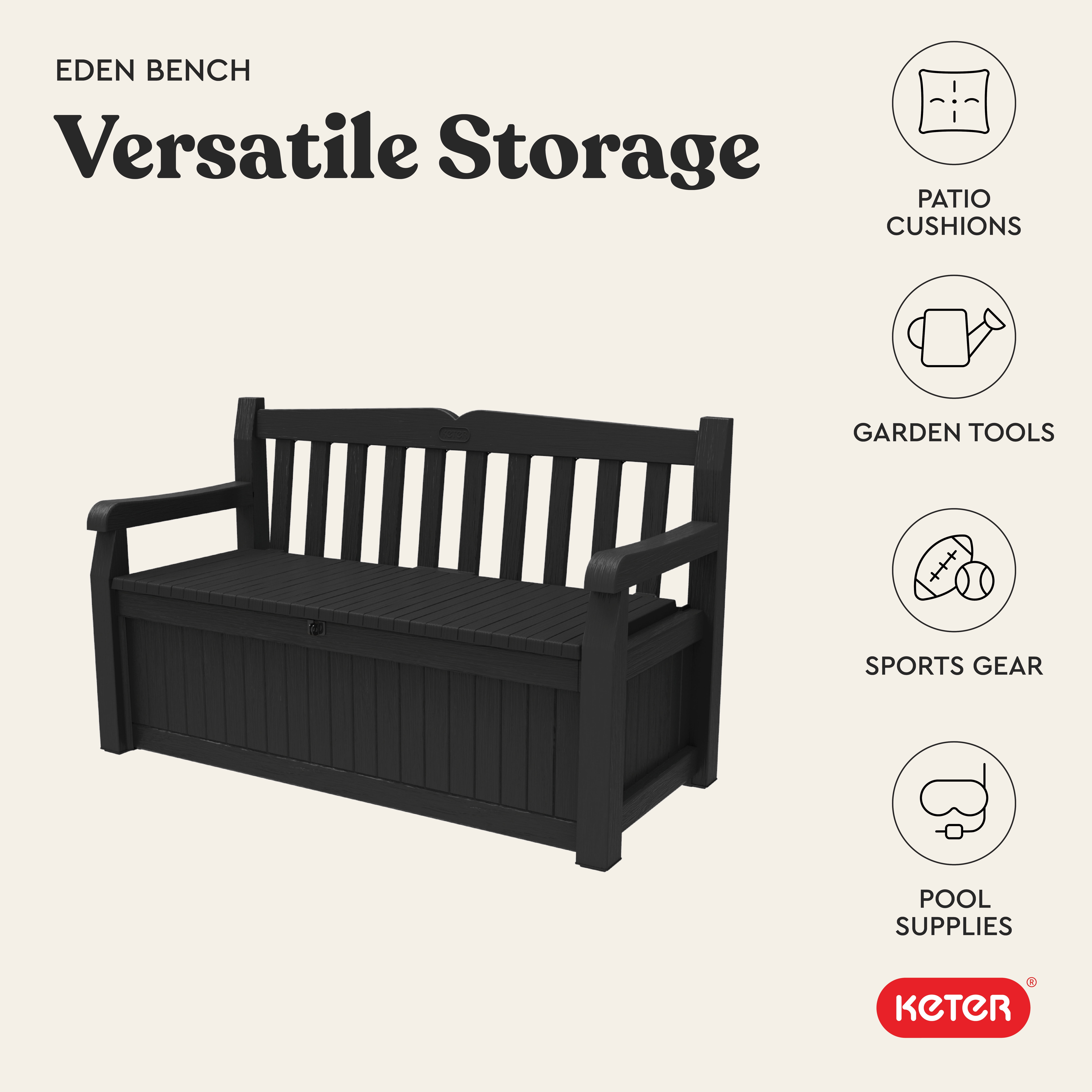 Keter Eden Outdoor 70 Gallon Weatherproof Resin Bench Storage Deck Box for Patio, Grey