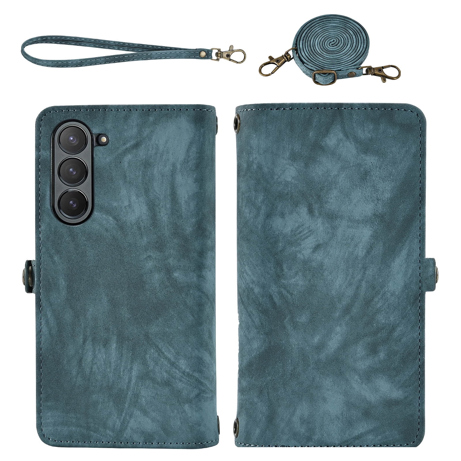 Asuwish Compatible with Samsung Galaxy Z Fold 5 5G 2023 Phone Case Zipper Wallet Detachable Strap Flip Card Holder Cell Cover for ZFold5 Z5 G Fold5 5Z Women Girls Blue