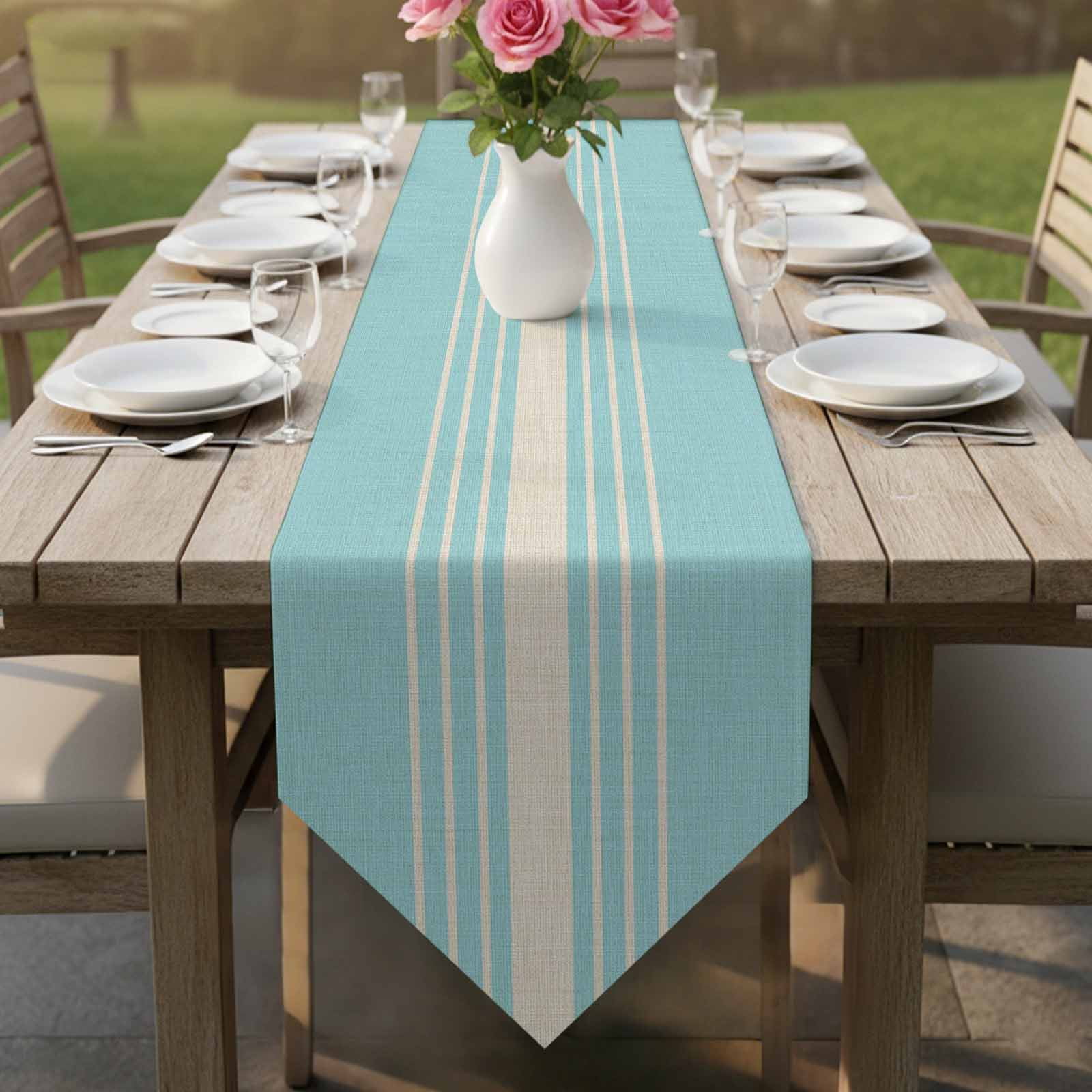 Aqua Beige Striped Table Runner Linen Burlap Table Runner 48 Inches Long Modern Farmhouse Retro Lines Dresser Scarves for Kitchen Island Coffee Dining Room Party Holiday Decoration 13"x48"