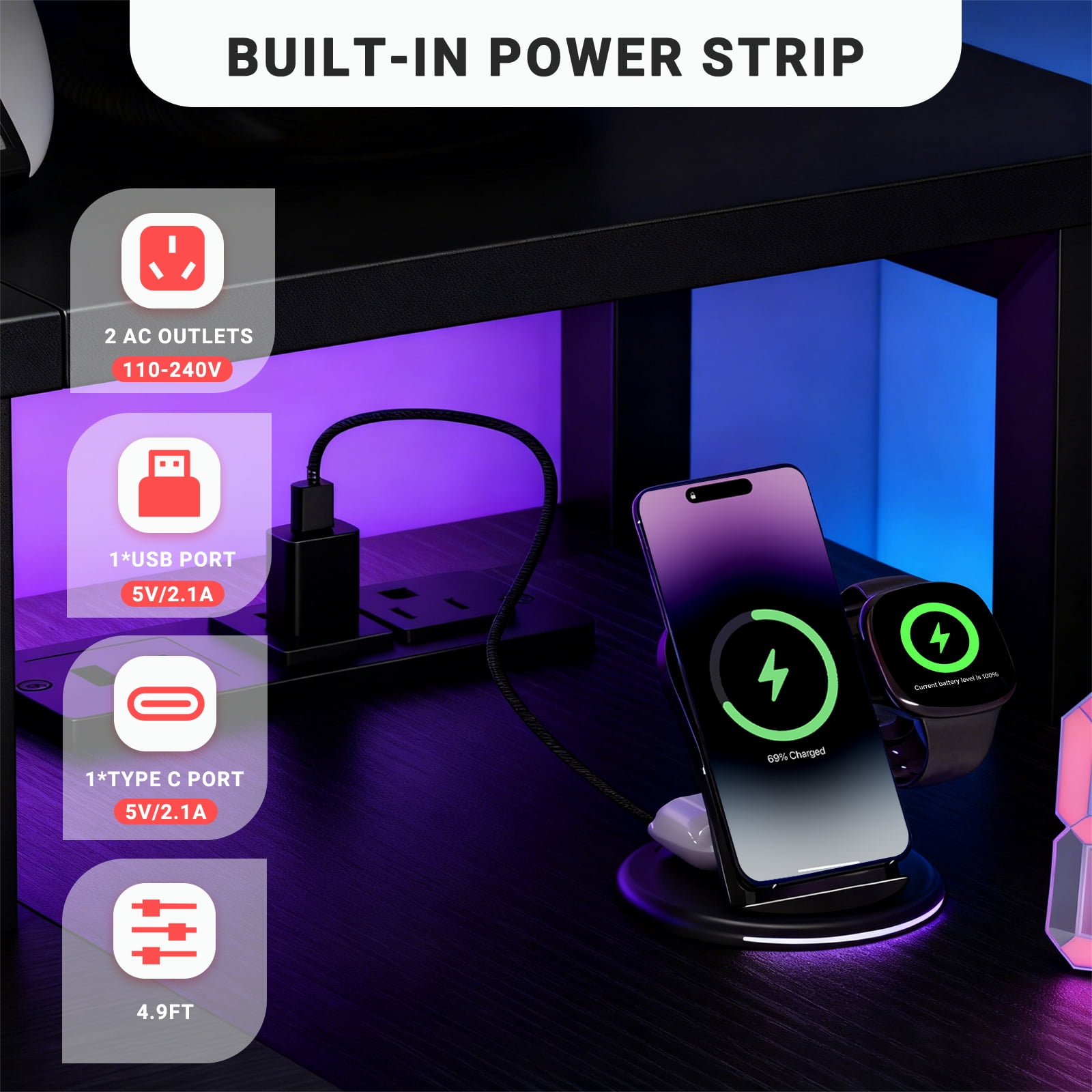 KPUY 47” Reversible L Shaped Gaming Desk with USB Charging Ports, LED Light and Monitor Stand, Corner Computer Table with Power Outlets, Storage Shelves, Black