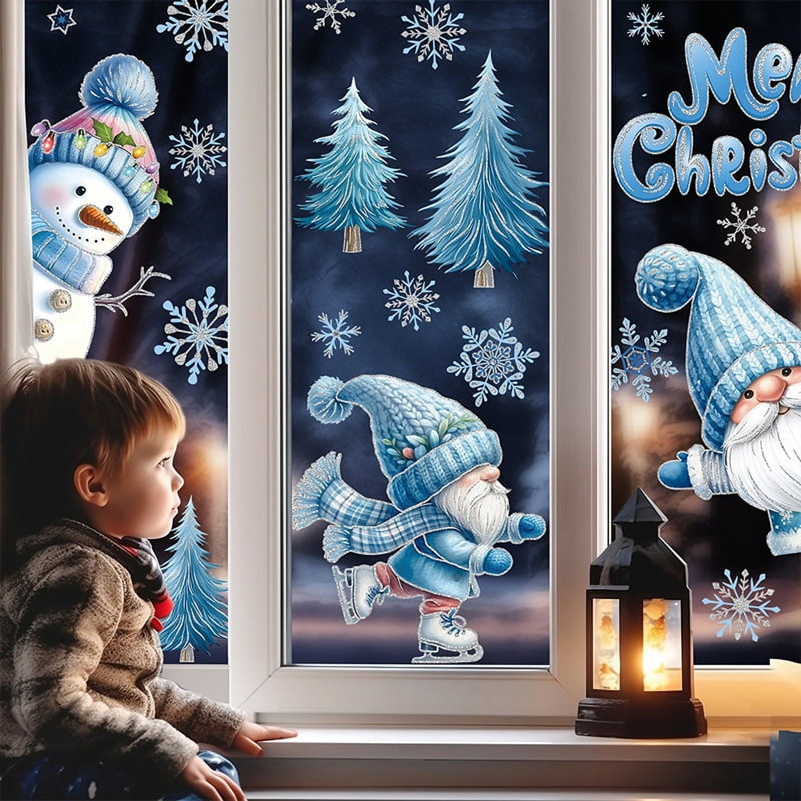 190 Pcs Stereoscopic Effect Christmas Window Clings, Double-Sided Printed Santa Claus Snowflake Window Stickers, Self Adhesive Window Decal Decoration for Xmas Holiday Winter Party
