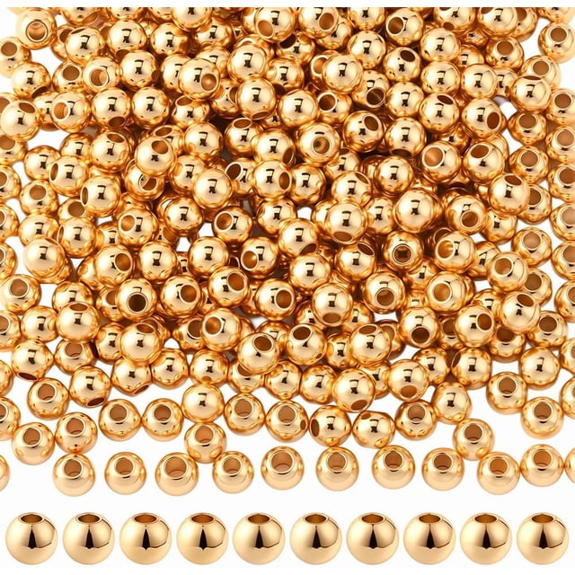 1 caja de 400 cuentas espaciadoras de 4 mm chapadas en oro real de 14 quilates con agujeros, espaciadores lisos y redondos sin costuras, abalorios de metal, cuentas sueltas de latón.