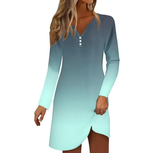 Robes de Travail pour Femmes Robe Courte à Manches Longues Dégradé Mini Robe Décontractée Ample Fluide Automne P-68 Vert Menthe 3TG