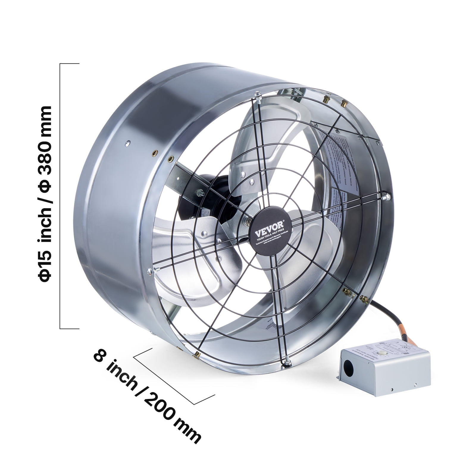 VEVOR Gable Mount Fan, 15 Inch Attic Exhaust Fan with Adjustable Thermostat & Outer Mesh, 1300 CFM House Ventilator Cools Up to 1850 Sq.Ft, Quiet Ventilation for Roof, Garage & Shop, Galvanized Color