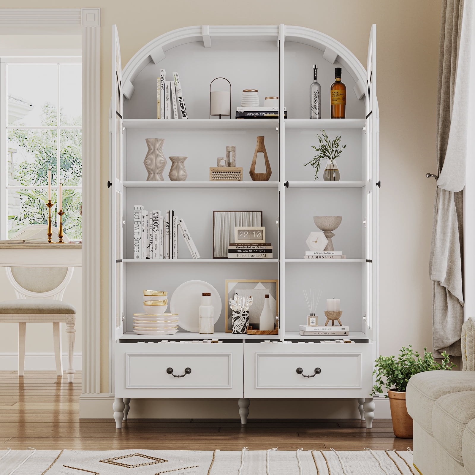 LERANO 70.8'' Tall Arched Kitchen Pantry Cabinet, Modern Display Cabinet with Glass Doors and Adjustable Shelves