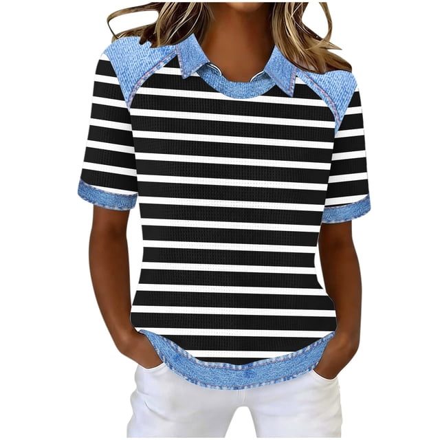 Dazajoo T-Shirts Gaufrés pour Femmes Grande Taille Décontractés à Manches Courtes en Denim Col à Revers Chandail à Enfiler à Imprimé Rayé Col Ras du Cou T-Shirts Graphiques,Noir,TTTG