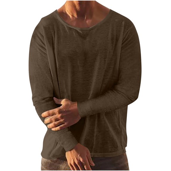 Ecqkame Men's Long Sleeve Tops Sun Protection Athletic Shirts for Hiking Running Workout Solid Color Tee Shirt 03-Coffee L