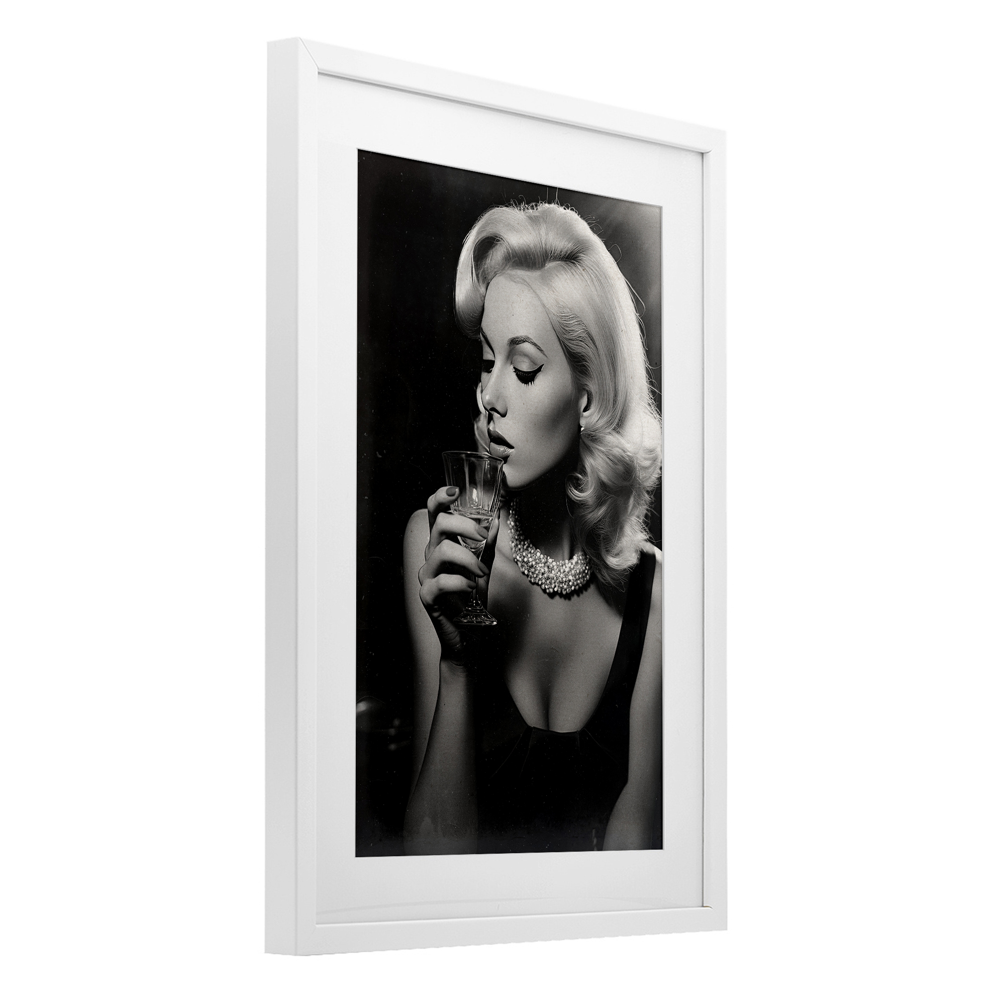 Classic Woman & Martini White Framed Print Under Glass, design by Decent Exposures