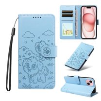 For iPhone 15 Plus Litter Dog Embossing Leather Phone Case with RFID Blocking Card Slot Wallet Magnetic Clasp Lanyard Flip Stand Case,blue,For iPhone 15 Plus