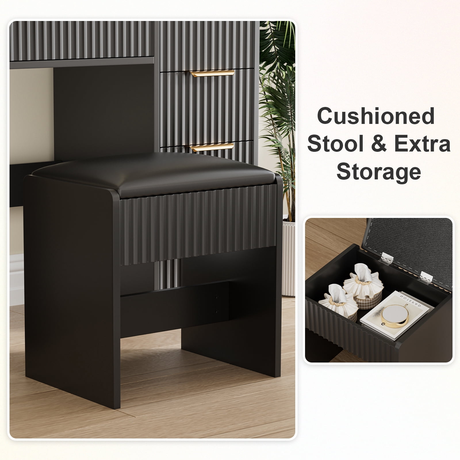 Hommoo Vanity Desk with Mirror and 3 Colors Lights, Makeup Vanity Set Dressing Table with Charging Station, Transparent Tabletop, 5 Drawers & Open Storage for Bedroom, Black