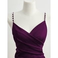 thumbnail image 4 of Purple Satin Bodycon Dress With Pearl-Embellished Spaghetti Straps, Crossover Neckline, Ruched Waist And Side Slit, 4 of 5