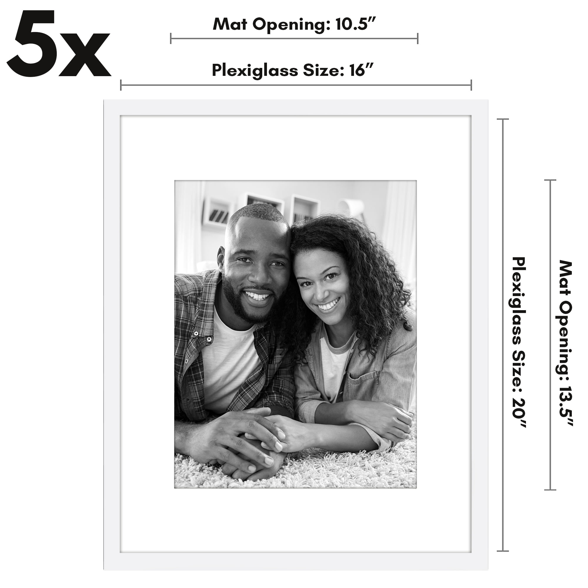Americanflat 16x20 Picture Frame with Polished Plexiglass with 11x14 Mat 5 Pack Display Photo Galleria - White