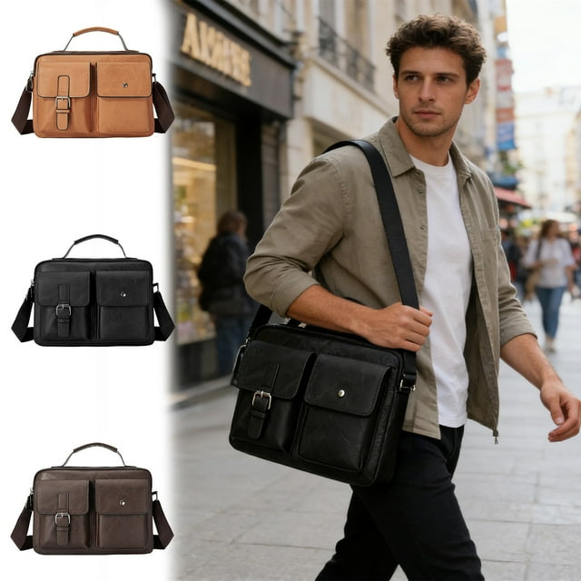 Bolso bandolera de cuero texturizado – correa ajustable, ligero y espacioso, bolso negro/marrón/caqui 29x20x7cm para viajes, trabajo y uso diario
