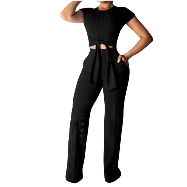 Womens Short Sleeve Ribbed Tie Up Crop Top Pockets Loose High Waist Long Pants Set 2 Piece Party Club Outfits Jumpsuits