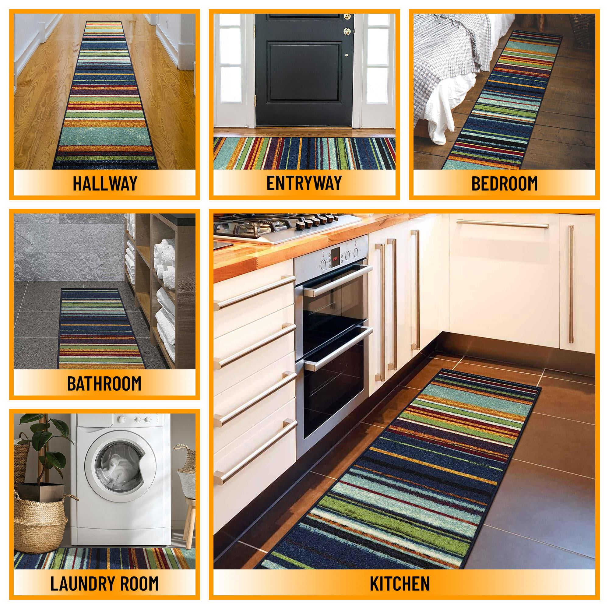 Ottomanson Striped Kitchen Runner Rug 1'10" x 7' - Non Slip Low Pile Carpet, Multicolor