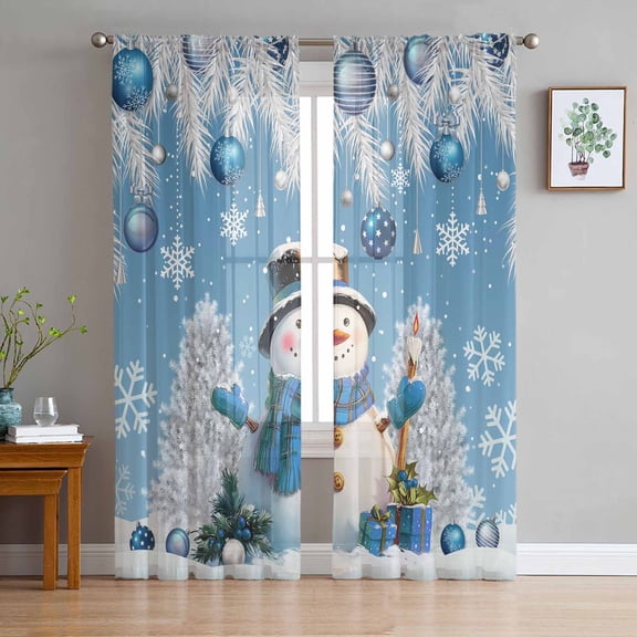 Blue Snowman Christmas Sheer Curtains 84 Inches Long 2 Panels Set, Window Sheer Curtains for Living Room/Bedroom, Xmas Tree Balls Snowflake Light Filtering Rod Pocket Curtain 52'' x 84'' x 2