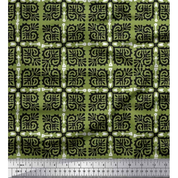 Soimoi Moss Georgette Fabric Arrow,Swirl & Floral Block Printed Fabric 1 Yard 42 Inch Wide