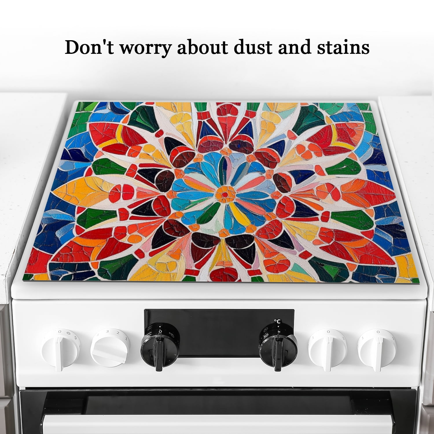 Square Stove Top Covers for Gas Burners, Abstract Mandala Colorful Print Glass Induction Cooktop Mat, Washable Foldable Range Cover Expands Usable Space for Kitchen RV (28×20 Inch)