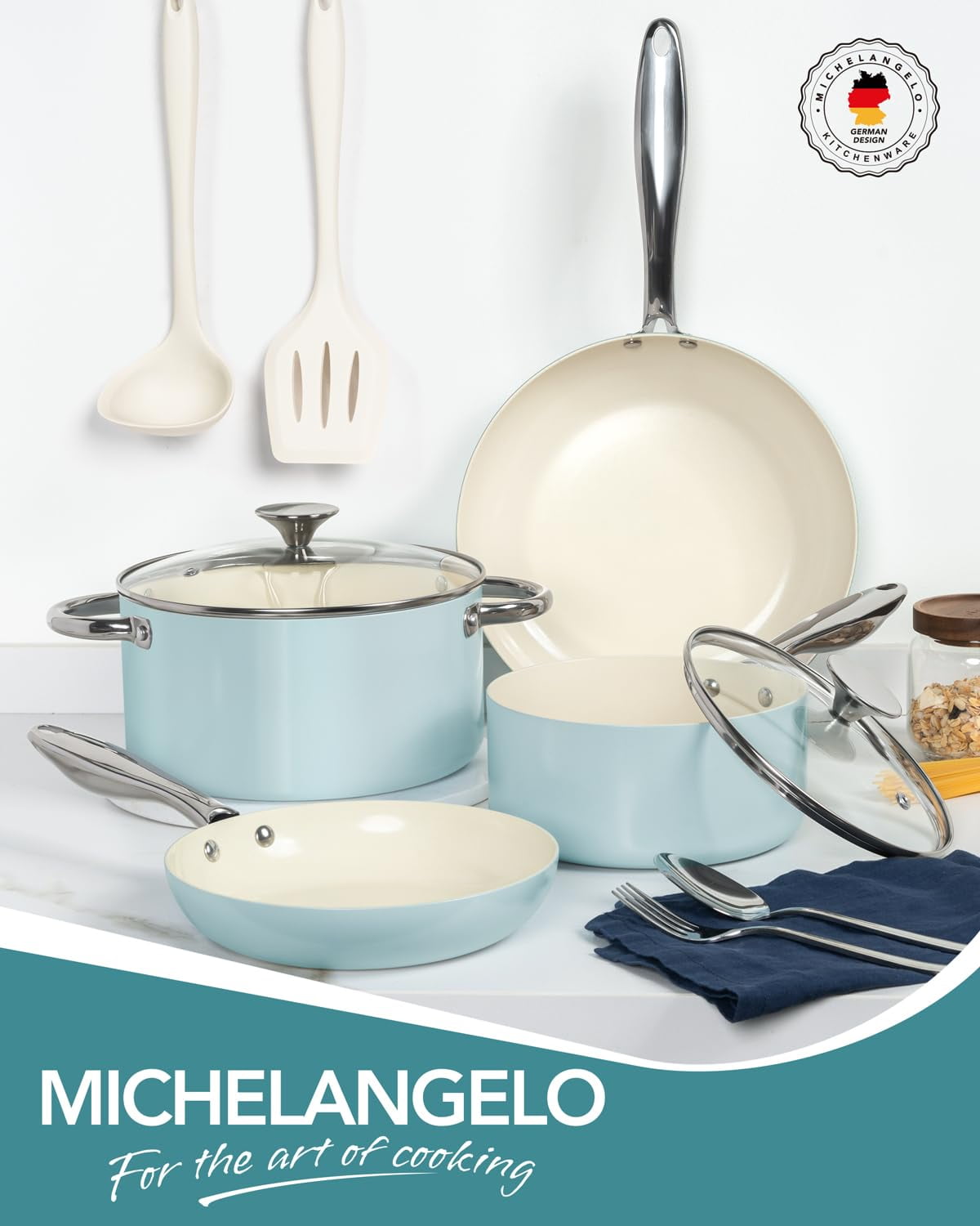 MICHELANGELO Pots and Pans Set Non Stick - Ceramic Cookware Set, 8-Pcs Nonstick Pots and Pans with Ergonomic Handle, Dishwasher Safe & Induction Compatible, Blue