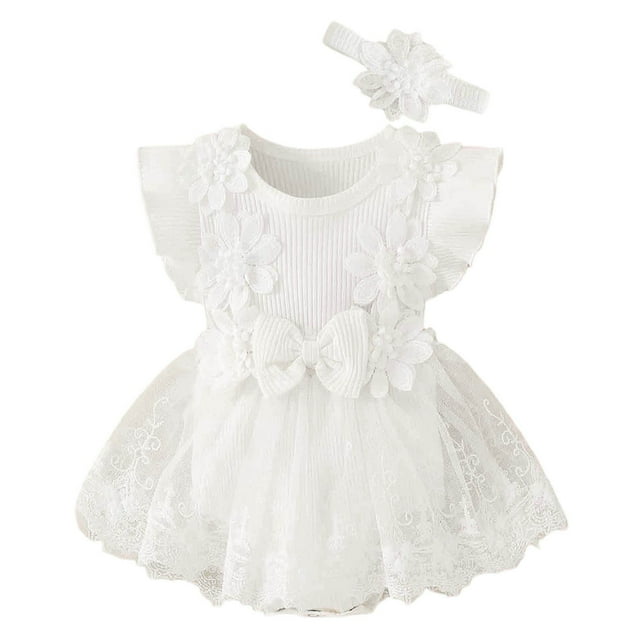GDREDA Girls' Jumpsuits & Rompers Girl's Jumpsuits, Rompers & Overalls Baby Girls' Floral Bow Romper Solid Color 1PC Jumpsuit With Snap Closure White,6-12 Months