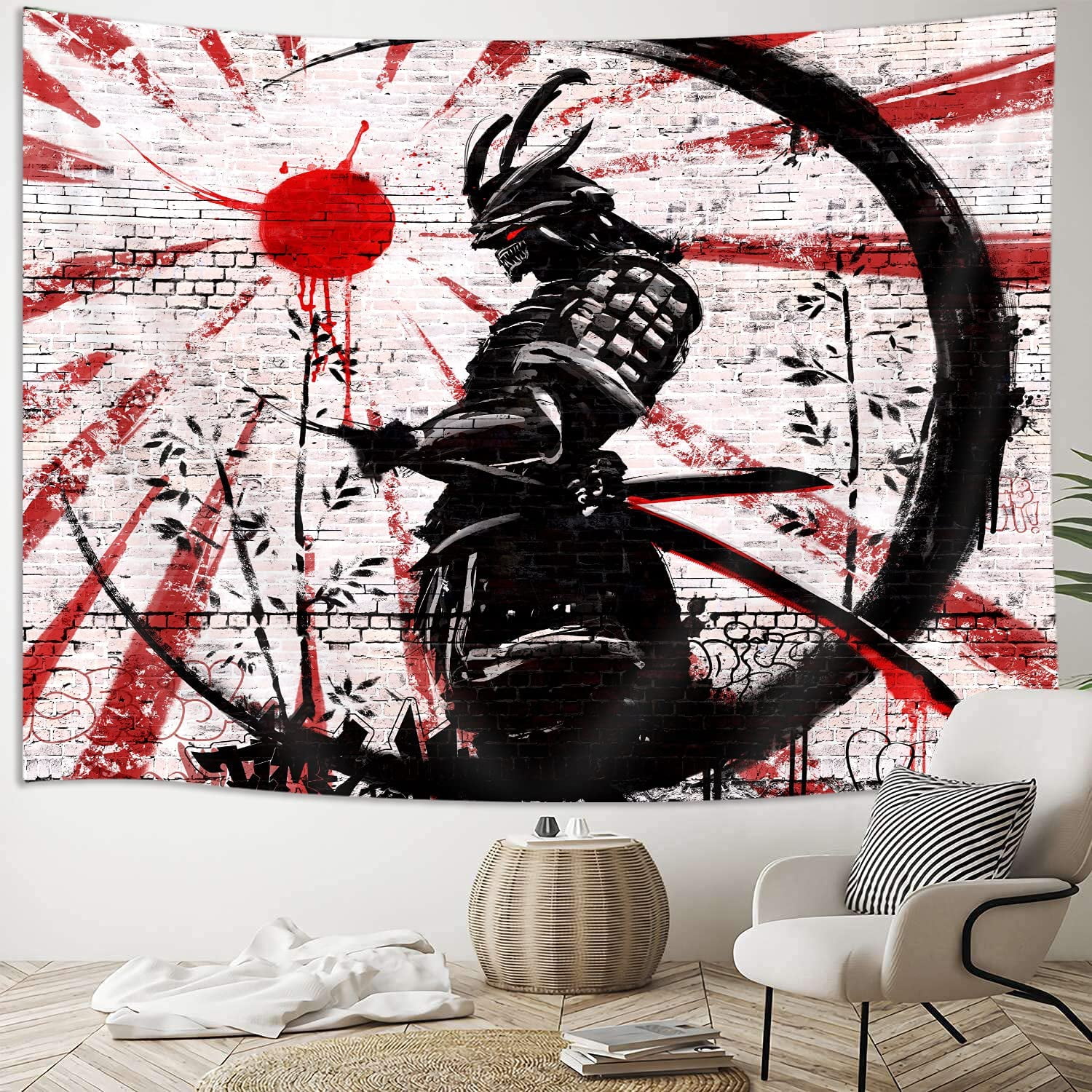 Joocar Japanese Samurai Art Decor Tapestry Wall Hanging For Bedroom Cool Anime Red And Black Sun Moon Poster Wall Art Tapestries For Men Asian Japan