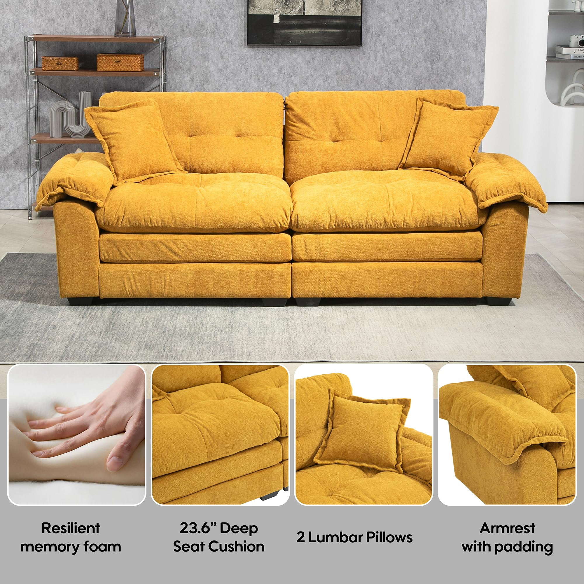 Modern 84" Chenille Loveseat Sofa, Ultra-Comfy Upholstered Couch with 2 Pillows for Apartment, Living Room, Bedroom, or Home Office​​ (Yellow)