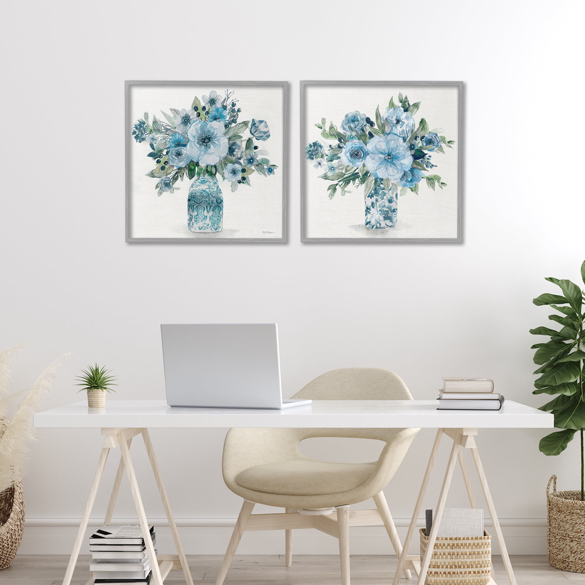 Stupell Industries Pastel Blue Floral Vase Arrangements 2 Piece Gray Framed Giclee Art Set, design by Carol Robinson