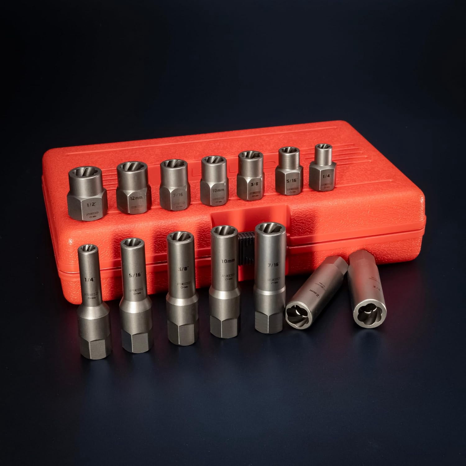 NEIKO 04207A Impact Nut & Bolt Extractor Set, 14 Piece Lug Nut Removal Tool, 3/8 Drive, Deep and Shallow Stripped Bolt Extractor Socket Set, Rounded Bolt Removal tool, Nut Remover Socket Set, CR-Mo