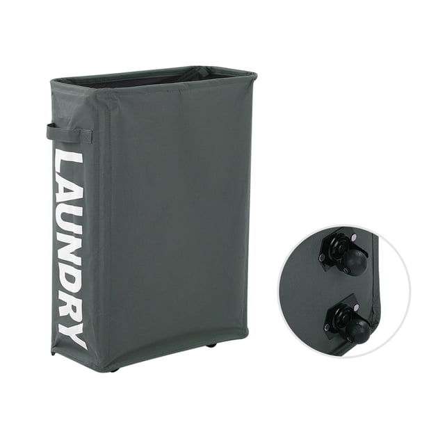 Corner Slim Foldable Oxford Cloth Laundry Basket Bin Mesh Drawstring Dirty Clothes Hamper with 4 Support Rods Universal Wheels--Dark Grey