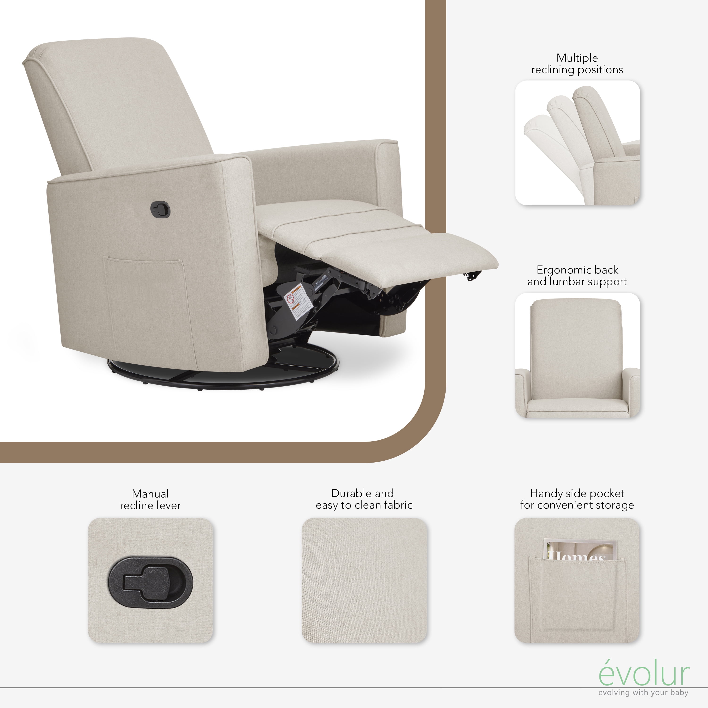 Evolur Raleigh Nursery Glider Recliner and Rocking Chair in Light Sand, 360° Swivel Motion, Multiple Recline Positions, Easy to Clean, FSC and Greenguard Gold Certified