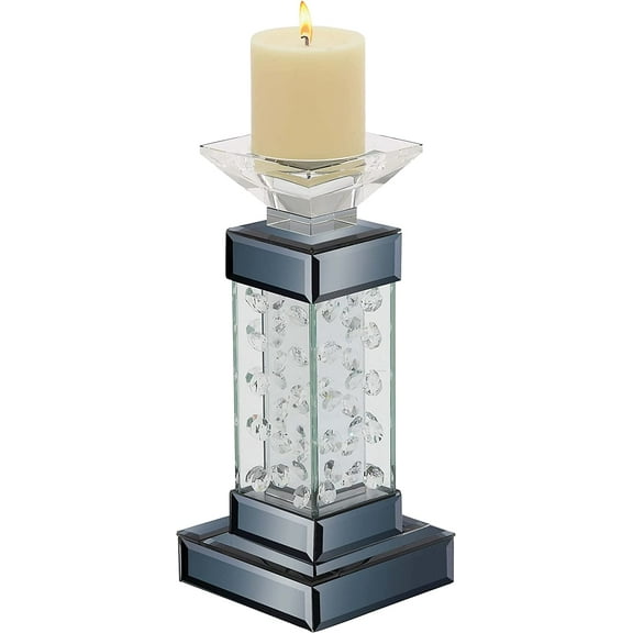 Modern Chic Beveled Floating Crystals Glass and Metal Pillar Candle Holder 11"H
