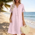 thumbnail image 4 of Guieoi Womens Dresses Plus Size Cotton-Linen Blend 3/4 Sleeve V-Neck Short-Sleeve Button-Down Dress with Pockets Pink XL, 4 of 6