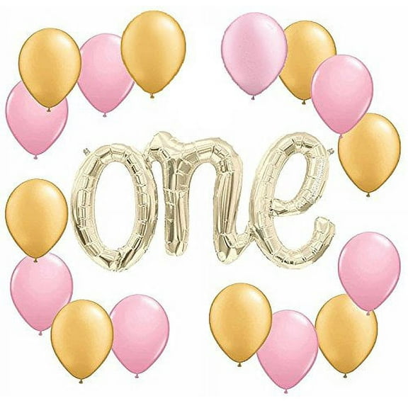 Girl's First 1st Birthday Party Pink and Gold Fun To Be 1 "One" Mylar and Latex Balloons Banner Kit