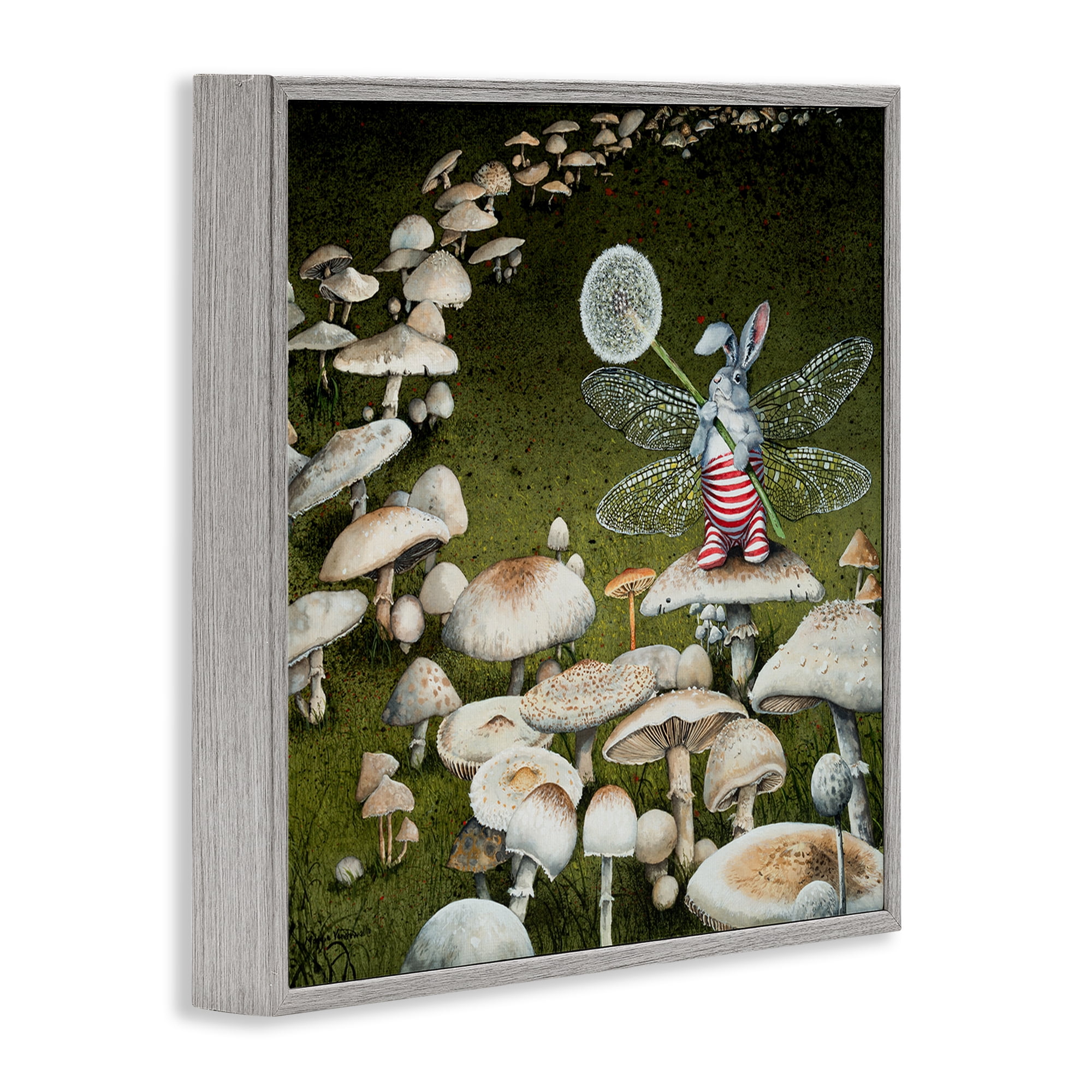 Stupell Industries Fairy Bunny on Mushroom Landscape Painting Gray Framed Art Print Wall Art, 24 x 24