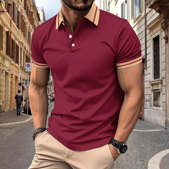 VgaVtl Summer Men Polo Shirts Short Sleeve Big and Tall Mens Collared Shirt Solid Color Athletic Red Button Shirts