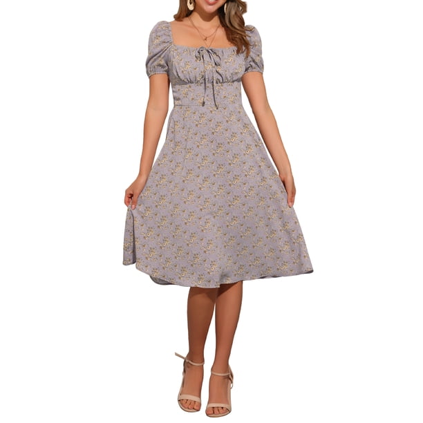 Vestido de mujer con fruncido, escote cuadrado, dobladillo con volantes y estampado floral S Púrpura Polvoriento
