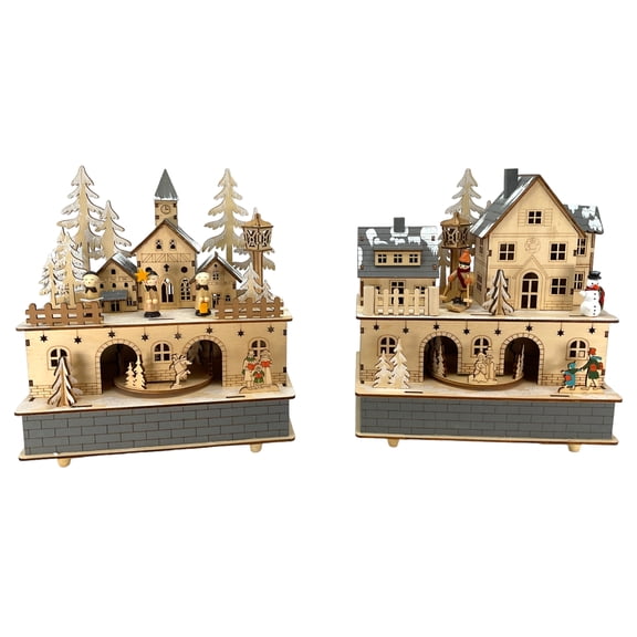 Lighted Wind Up Musical Wood Village with Skiers and Singers 9.5 Inch Set of 2