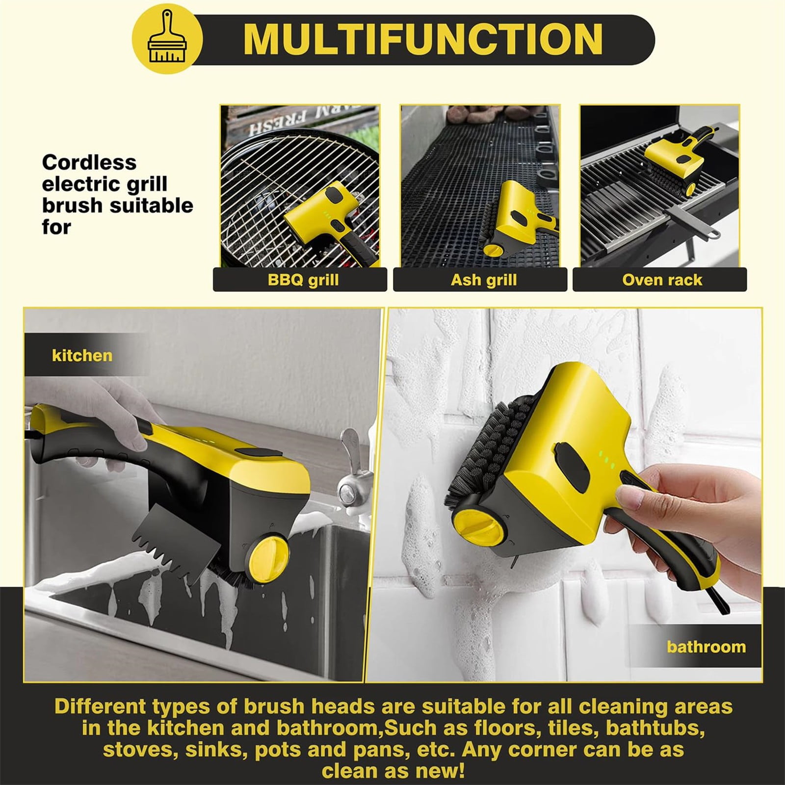 XKHAZA Grill Cleaning Robot Grill Brush with Water Tank and Types of Removable Brush Heads, Adjustment Suitable for Grills Kitchen Countertops Bathroom Tiles