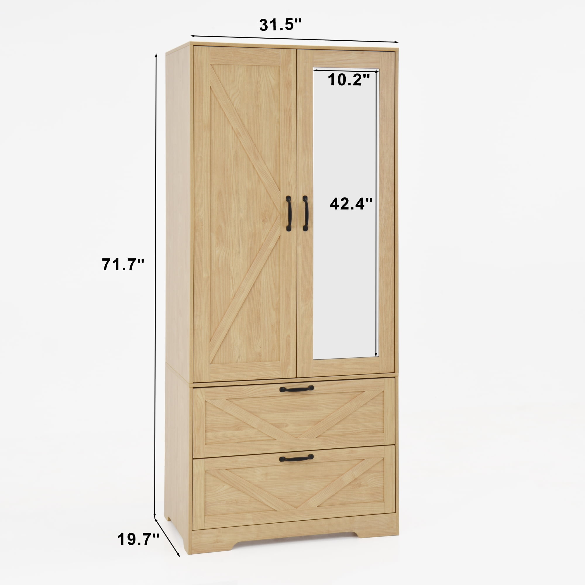 72" Tall 2 Doors Armoire Wardrobe Closet with 2 Drawers and Mirror, Multifunctional Wooden Wardrobe Storage Cabinet with Induction Light for Bedroom,Natural