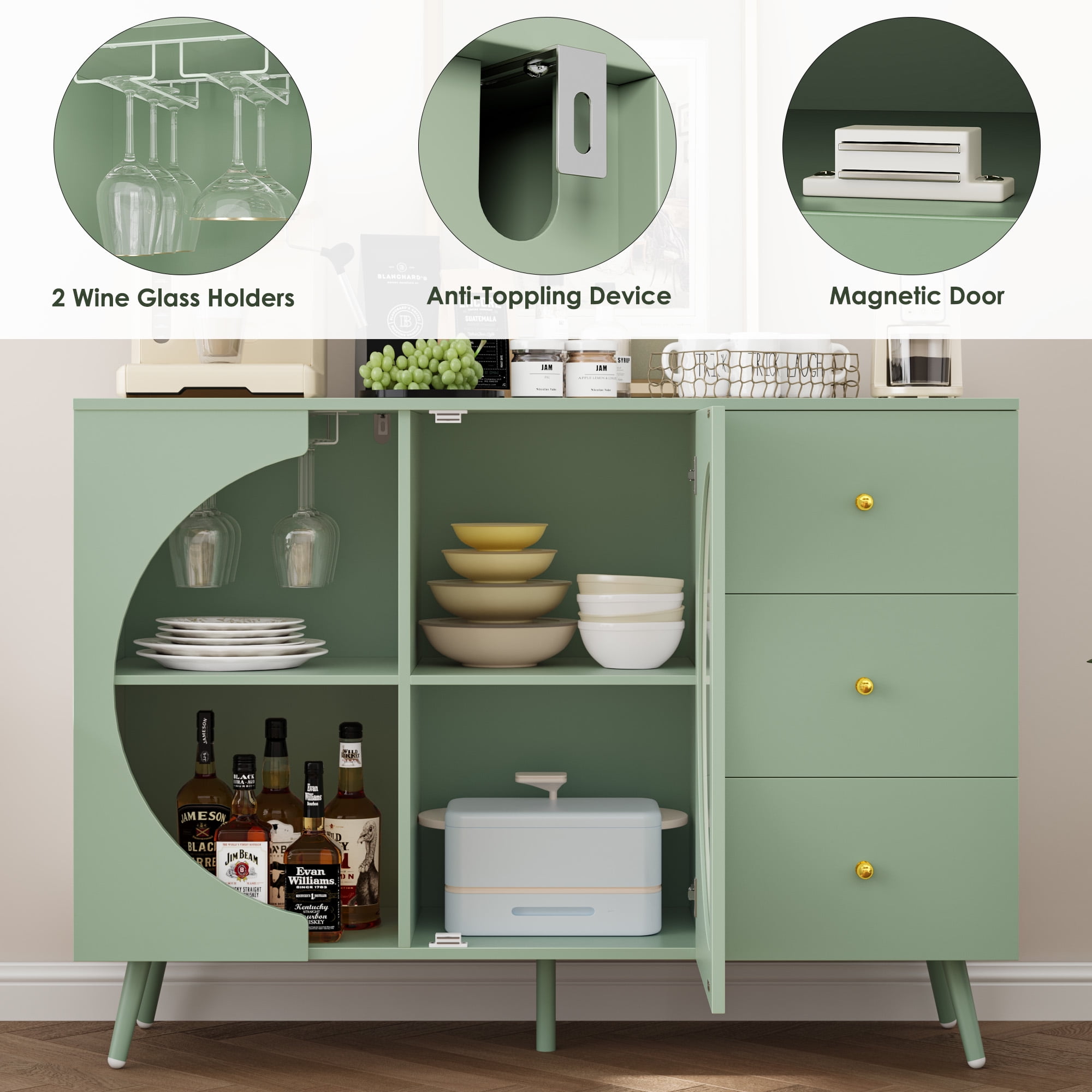 Homfa Bar Cabinet - 2 Glass Holders, 3 Drawers, Living Homfa Bar Cabinet - 2 Glass Holders, 3 Drawers, Living