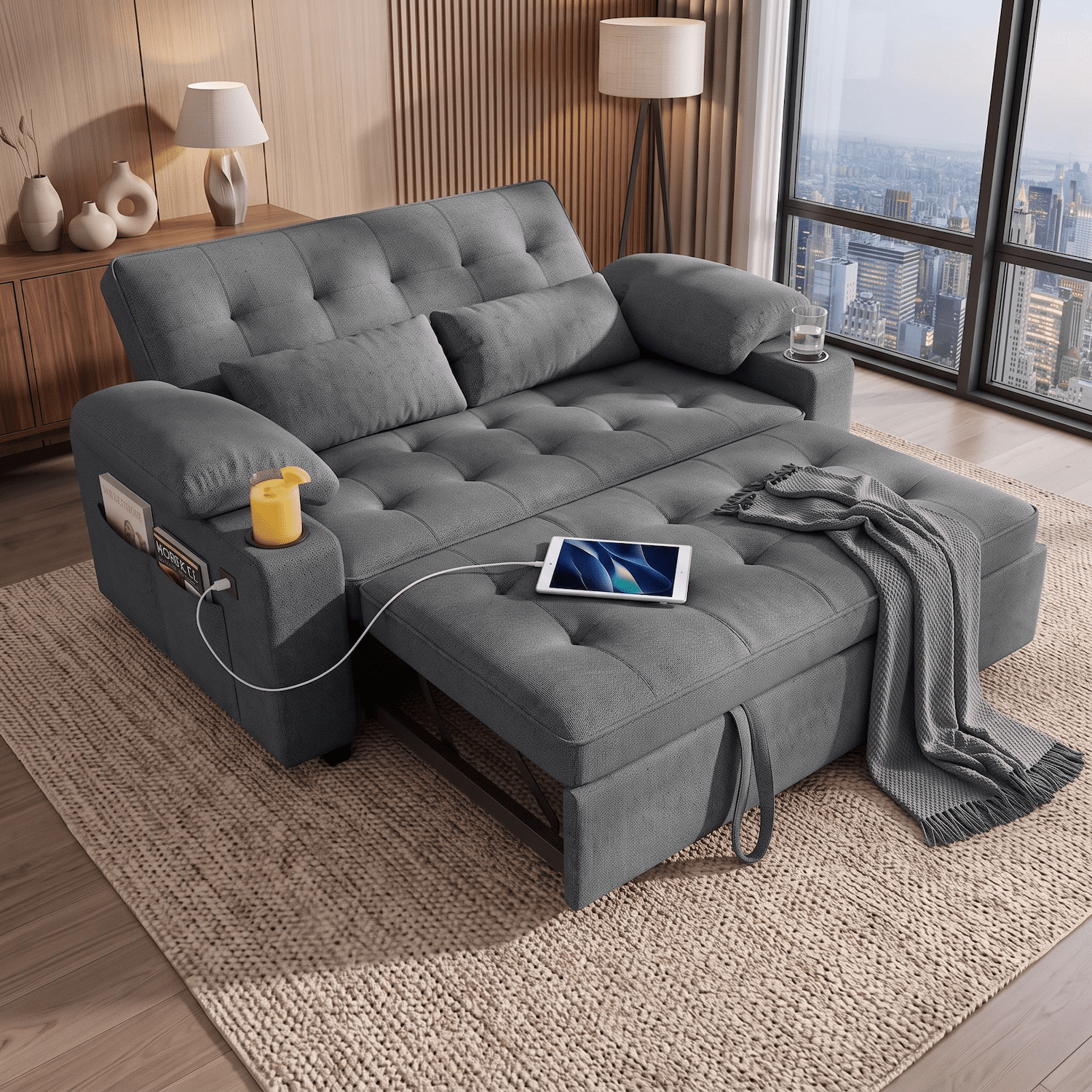 58" Convertible Sleeper Sofa Bed, Full Size Pull Out Couch with USB Charging, Cup Holders, Adjustable Backrest & Side Pockets, Towel Fabric Loveseat for Living Room, Apartment, Office (Green)