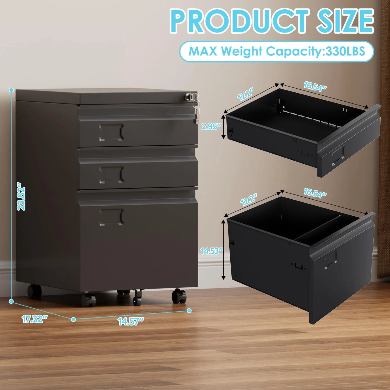 3 Drawer File Cabinet with Lock, Heavy Duty Metal Mobile Filing Cabinet for Home Office, Under Desk Storage with Name Holder, Fits Legal/Letter/A4