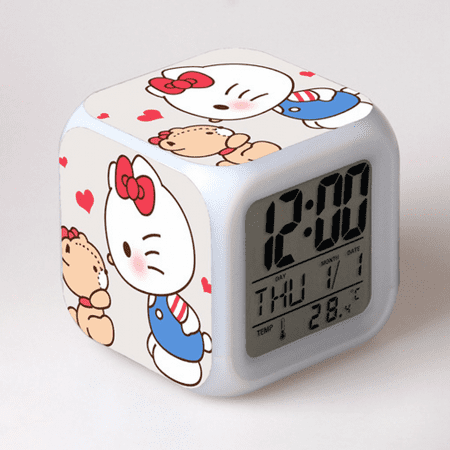Hfnggwee Digital Alarm Clock for Kids, Cartoon Hello Kitty Pattern 7 LED Color Changing Wake Up Clock with Thermometer Function and Night Light, Gift for Boys Girls A93-446 NZ113-1342
