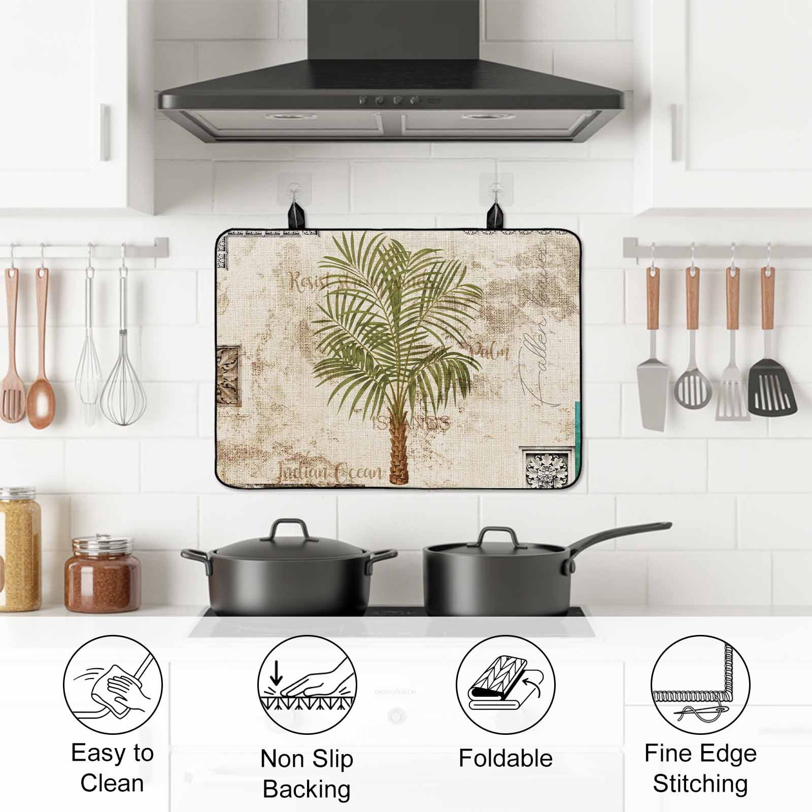 Vintage Palm Trees Stove Top Cover for Electric Stove, Heat-proof & Non Slip Glass Top Stove Cover Protector, Summer Tropical Botanical Beige Burlap Kitchen Flat Cooktop Rubber Mat 24x21 Inches