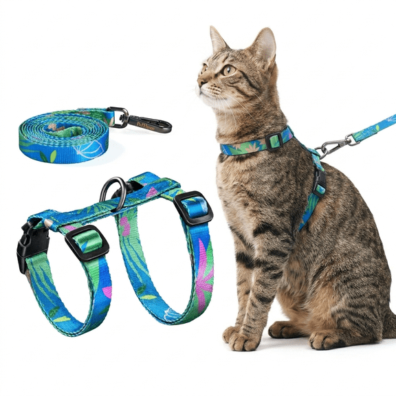 PetThem Cat Harness and Leash, Small Large Cats Harness Escape Proof, Adjustable Soft Lightweight Step-in Kitten Harness and Leash Set for Walking Travel, Tropical Green