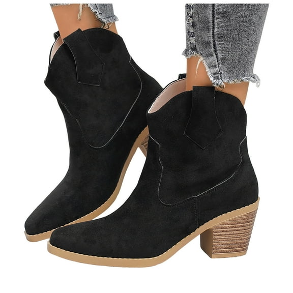 Women's Chunky High Heel Cowboy Boots Pointed Toe Suede Ankle Booties Mid Calf Western Cowgirl Boots