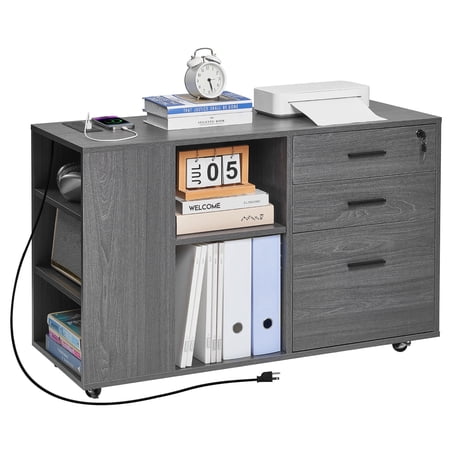 VEVOR 3 Drawer Wooden File Cabinet,Mobile Filing Cabinet with Power Strip, Lockable Rolling File Storage with Adjustable Shelves & 5 Wheels, Floor Standing Printer Stand for Home Office School, Gray