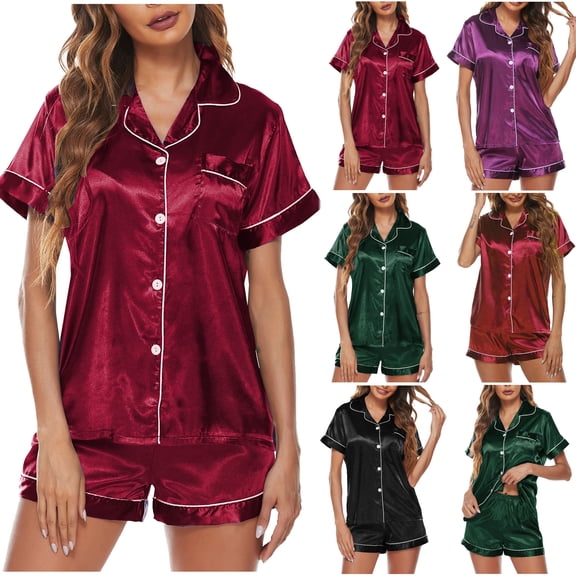 Bloomae Womens Silk Satin Pajama Sets Soft Short Sleeve Button Down Lapel Collared Sleepwear Tops with Pocket and Elastic Waist Shorts 2 Piece Pjs Lounge Set